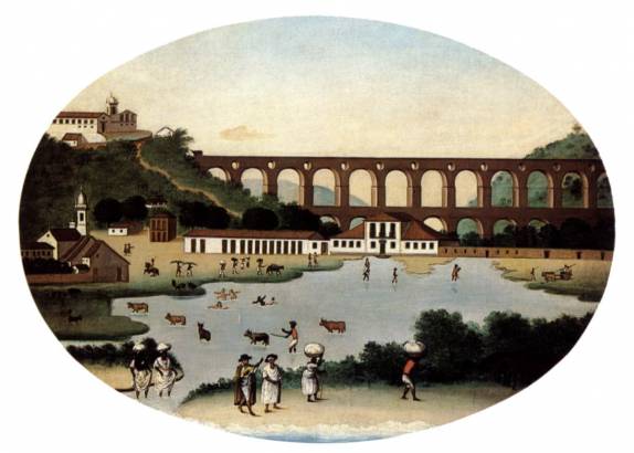 Pintura de Leandro Joaquim, de cerca de 1790, já mostra os Arcos da Lapa. Ao fundo, o Mosteiro de Santa Teresa, que daria origem ao bairro de mesmo nome. O lago foi aterrado posteriormente e hoje é o Largo da carioca